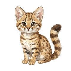 Obraz premium Cute cartoon illustration of a small wild cat with spotted fur and big ears, sitting and looking forward.