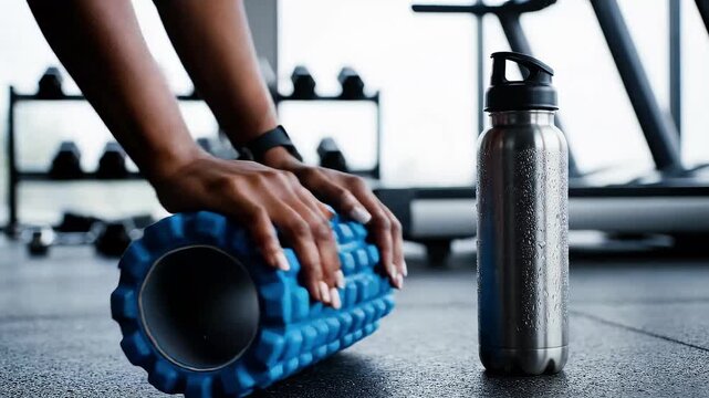 Hands holding foam roller with hydration bottle nearby