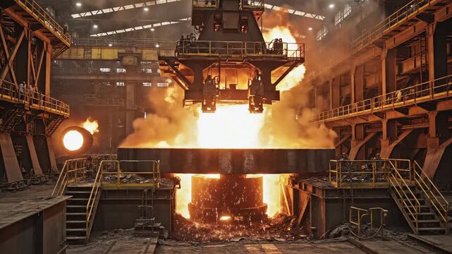 Industrial furnace pouring molten metal in a factory setting from an overhead crane viewpoint