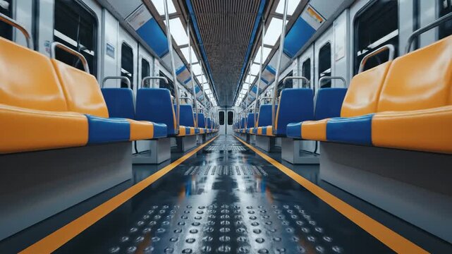 Modern subway car interior with blue and orange seats viewed from the end of the carriage