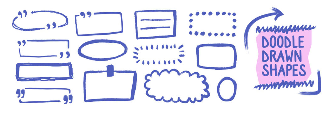Hand drawn doodle frame set. Textured square text box in outline style. Grunge crayon lines. Brush blue oval and rectangle