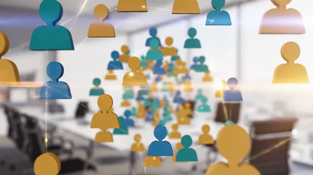 Business network community with connected people icons in office environment. Social collaboration, teamwork structure, and organizational communication for human resources and professional workforce