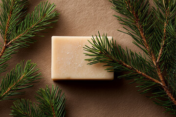 Natural Handmade Soap Bar with Pine Branch on Neutral Fabric Background