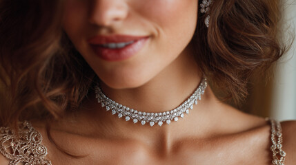 Elegant Diamond Choker Necklace on Woman Neck with Luxury Bridal Jewelry