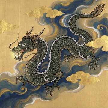 如意宝珠を咥え、大空を泳ぐ緑龍のイラスト