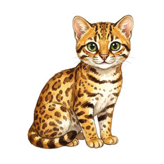 Obraz premium Cute watercolor illustration of a small wild cat with spotted fur and green eyes, sitting and looking forward.