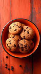 Chocolate Chip Cookies in Red Bowl on Rustic Wooden Background