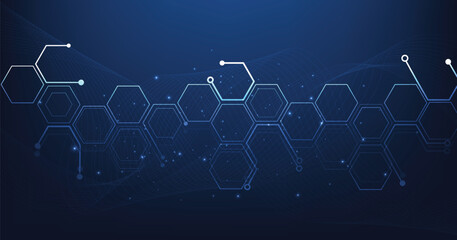 Obraz premium Technology hexagon diagram on a dark blue background concept. High-tech hexagon geometric connection system.