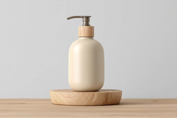 Blank Cosmetic Pump Bottle Mockup on Wooden Stand with Minimal Background
