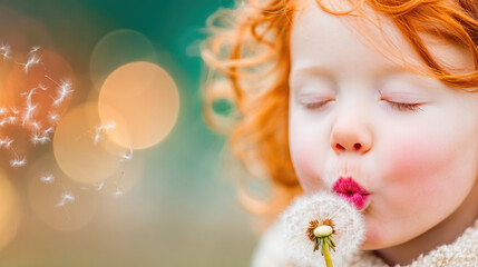 Fototapeta premium A young girl with bright red hair blows on a dandelion in a vibrant garden. Soft bokeh lights create a magical atmosphere as seeds float away in the gentle breeze