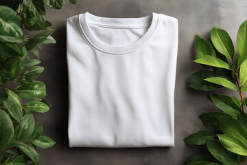 Folded White Blank T Shirt with Green Leaves on Minimal Background