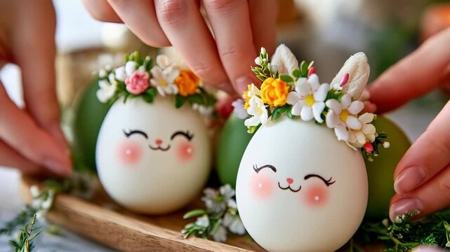 Cute easter eggs with floral crowns in festive spring setting