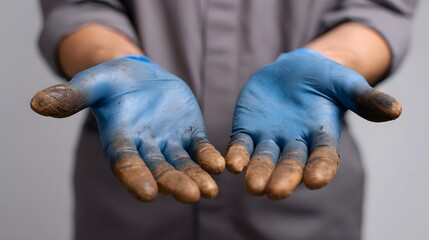 Close up of hands wearing blue protective gloves heavily soiled with dirt and grime from manual work
