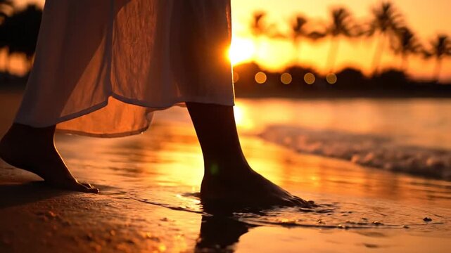 A serene woman's feet walking on the beach at sunset, captured from a low angle