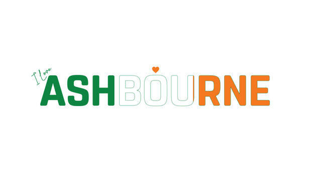I love Ashbourne, Typographic design of I love Ashbourne on a white background, Flag typography of Ashbourne with heart, Vector design of Ashbourne City of Ireland, I love Ireland, Flag of Ireland