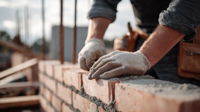 close up of builder's hands building a brick wall