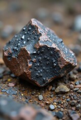 Meteorite fragment resting on a rocky ground exploring geology