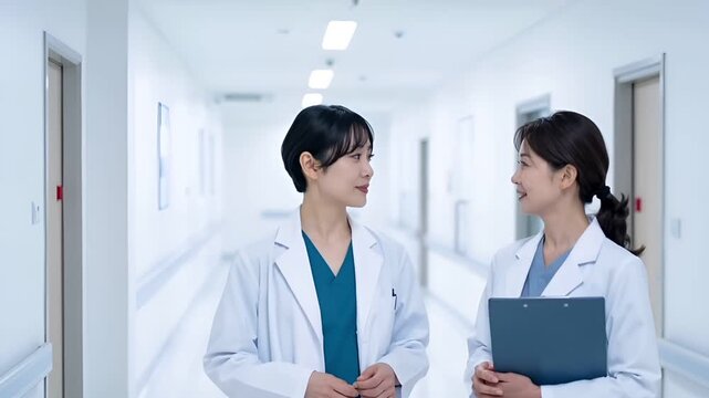 明るく清潔な病院内で、日本人女性医師二人が自然な表情で専門的な会話を交わすシーン。
白や淡いブルーを基調とした空間に、柔らかく拡散した光が自然な肌色を表現。
医療チームワーク、信頼、女性医師のリーダーシップを感じさせるリアルな描写。