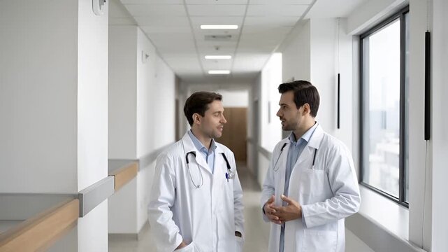 明るく清潔な病院内で、2人の女性医師が落ち着いた雰囲気で専門的な会話を交わすシーン。
白と淡いブルーを基調とした空間に、柔らかく拡散した光が自然な肌色を演出。
医療チームワーク、信頼、女性医療リーダーシップを感じさせるリアルな描写。