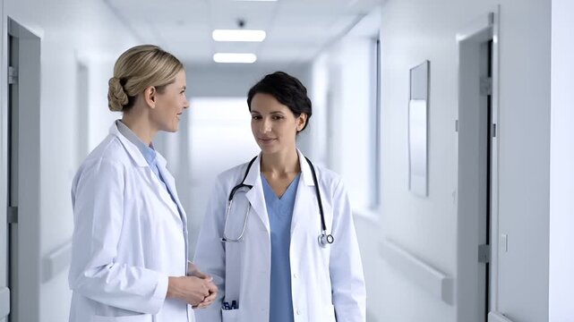 明るく清潔な病院内で、2人の女性医師が落ち着いた雰囲気で専門的な会話を交わすシーン。
白と淡いブルーを基調とした空間に、柔らかく拡散した光が自然な肌色を演出。
医療チームワーク、信頼、女性医療リーダーシップを感じさせるリアルな描写。