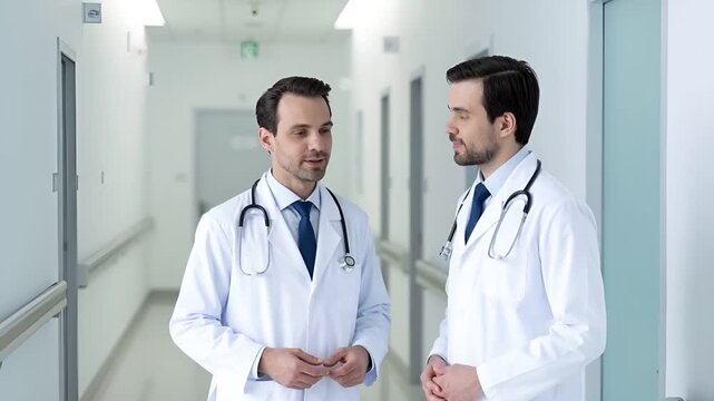 明るく清潔な病院内で、2人の医師が落ち着いた表情で専門的な会話を交わすシーン。
白と淡いブルーを基調とした空間に、柔らかく拡散した照明が自然な肌色を演出。
医療チームワーク、信頼、専門性を感じさせるリアルなライフスタイル描写。