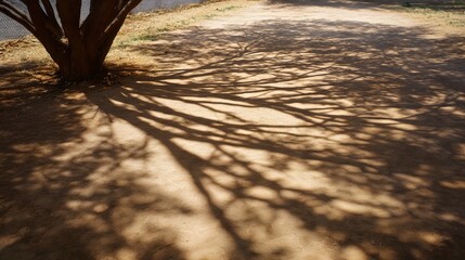 Obraz premium Intricate tree shadows dance across a sunlit dirt ground forming d d patterns and visual textures on a bright warm day