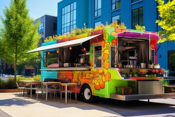 Vibrant food truck with outdoor seating serving customers in a city setting