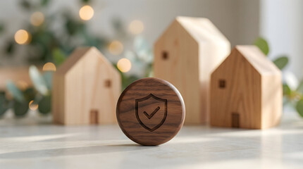 Wooden Shield Token with Checkmark in Front of Model Houses for Home Security