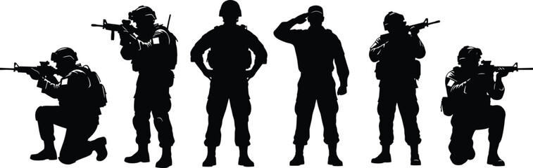 Military soldiers silhouette set, armed combat poses, tactical infantry team, black vector army illustrations for defense, security, games