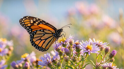 Obraz premium Orange and black monarch butterfly perched on purple aster flowers in a sunlit meadow. Detailed close-up showing delicate wings and floral nature scene during daytime.