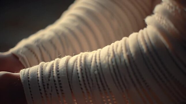 Intricate close-up of human arms tightly wrapped in textured, worn fabric, evoking ancient mummification or ritualistic protection, highlighted by dramatic light