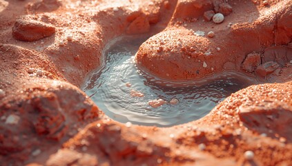 Fototapeta premium Water Pooling in Red Soil During Daytime With Natural Features Around