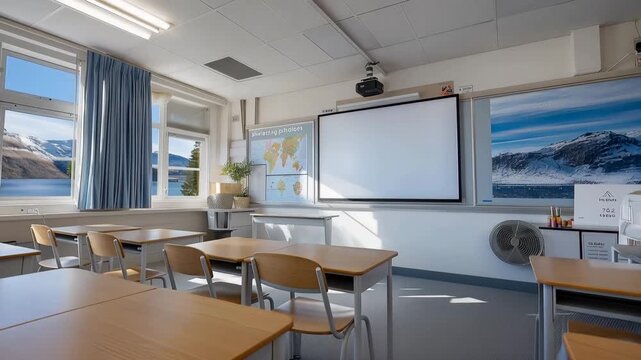 A well-organized educational space showcases essential classroom equipment such as multifunctional projectors and whiteboards, highlighting the importance of technology in facilitating learning and