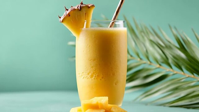 Refreshing tropical mango smoothie with palm leaf and fresh fruit garnish on turquoise background