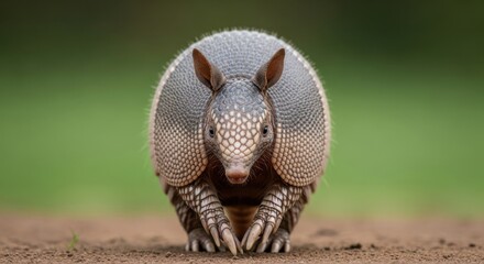 Obraz premium An armadillo stands on dirt ground facing directly towards the camera with a green blurred background
