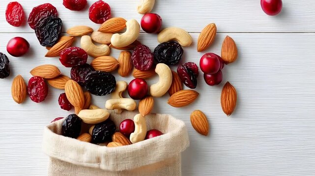 Healthy assorted nuts and dried fruits overflows from cloth bag on white wooden table