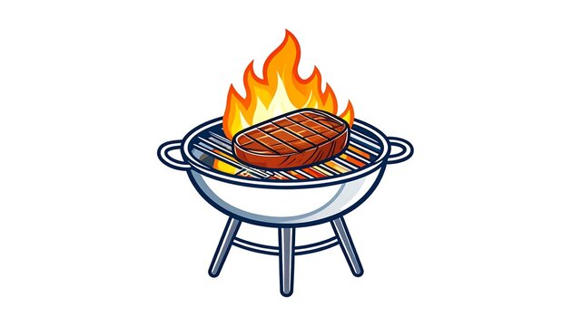 A cartoon-style illustration of a barbecue grill with a burning steak
