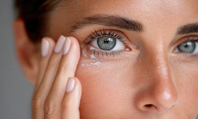 Naklejka premium Close up of beautiful woman applying cream under eye, skincare, healthy skin, natural makeup, soft light, gentle touch, beauty concept