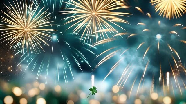 Vibrant fireworks illuminating the night sky with a festive four-leaf clover for good luck