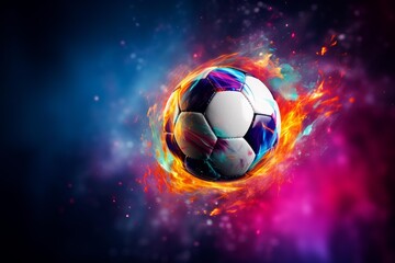 Fototapeta premium Soccer ball surrounded by colorful flames and abstract light, symbolizing power and competition