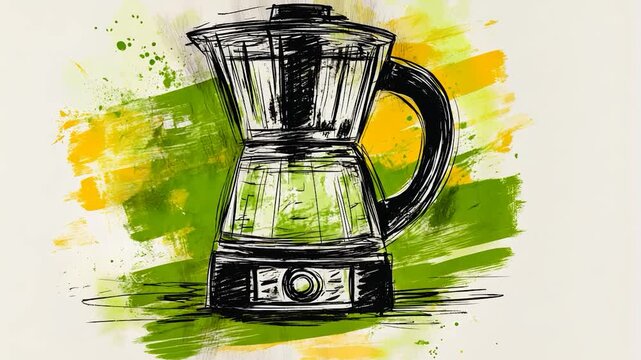 Abstract coffee maker sketch with vibrant background