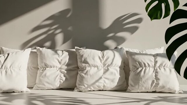 A row of white pillows with leaf shadows on a white couch in a serene indoor setting