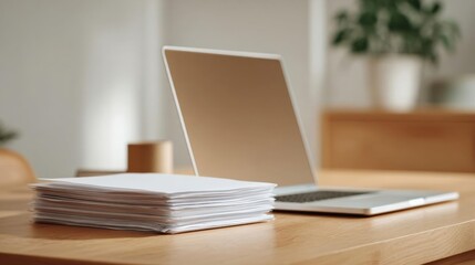 Fototapeta premium Wooden desk with a laptop and a stack of papers on it. the laptop is open and the screen is blank, suggesting that it is not working.