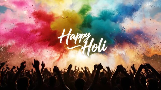 Happy Holi Festival Celebration Vibrant Colorful Powder Cloud and Crowd