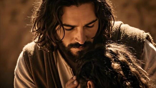 Jesus Christ, a man with a beard, touching eyes of another man. Biblical scene of divine healing for religious and spiritual concept.