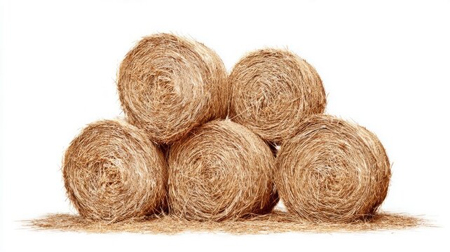 Golden hay bales stacked on white background. AI generated
