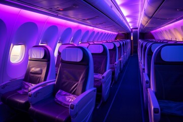 Fototapeta premium Empty airplane cabin featuring rows of seats illuminated by modern purple mood lighting