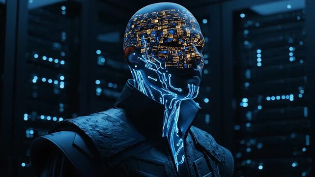Futuristic robot portrait in a dark server room with glowing circuit patterns and advanced technology interfaces displayed.