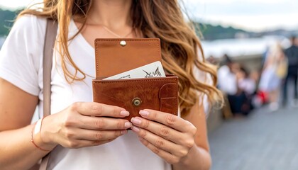 Woman holding brown leather wallet outdoors.