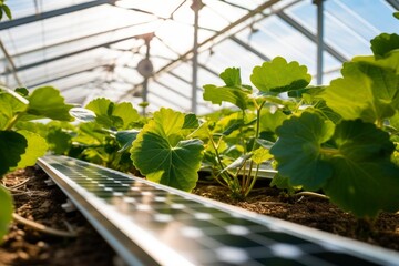 Fototapeta premium Young plants growing near ground level solar panels inside a modern greenhouse